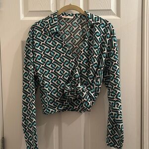 Vintage Intempo blue brown front tie wrap top, long sleeve wide collar 70’s vibe